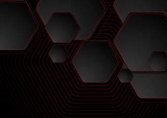 Black hexagons with red lines abstract geometric background. Vector tech design