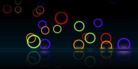 Colorful neon laser rings with reflection. Abstract circles technology retro background. Futuristic glowing vector minimal design