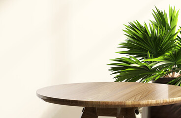 Wooden round side table with green tropical plant leaves with beautiful sun light and shadow on white wall. 3D render product display for nature, organic, spa, health, cosmetic, beauty background.