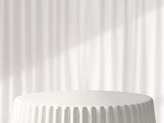 3D render of an empty round white smooth ceramic podium with pleated side on white curtain background for products display. Backdrop, Enamel, Cupcake shape, Plastic, Mock up, Cute, Beauty.