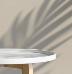 Realistic 3D render of an empty shiny white side table in front of blank beige brown wall with sunlight and leave shadow. Background, Beauty, Skincare, Products overlay.