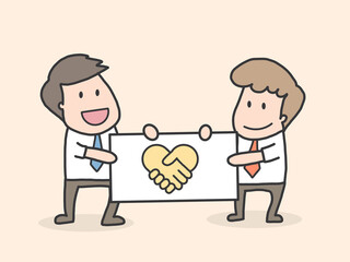 Businessmen in a flat style isolated on background. Businessmen came to an agreement and completed the deal with a handshake. Template for banner or infographics. Vector illustration.