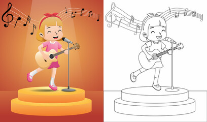 Vector illustration of a little girl singing while playing guitar on stage