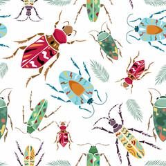 Obraz premium Seamless pattern vector of hand drawn beetles and leaves with ornaments