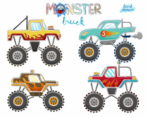 Vector illustration of hand drawn monster truck cartoon