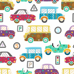 Seamless pattern vector of hand drawn cars and traffic signs with ornaments