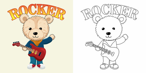 Cute bear cartoon playing electric guitar. Coloring book or page