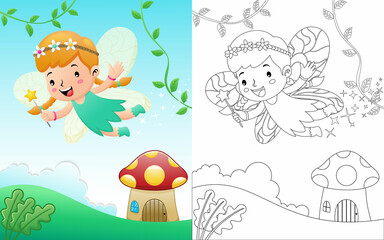 Obraz na płótnie Canvas Cute fairy cartoon flying on scene background with mushroom house. Coloring book or page