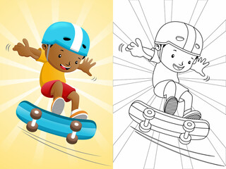 Boy cartoon playing skateboard. Coloring book or page