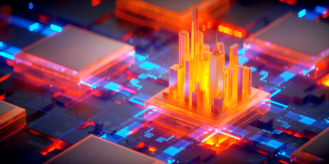 3D rendering of cyberpunk AI. Circuit board. Technology background. Central Computer Processors CPU and GPU concept. Motherboard digital chip. Tech science background. - obrazy, fototapety, plakaty