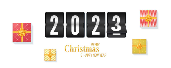 Christmas and New 2023 eve. Mechanical countdown clock with numbers 2023.