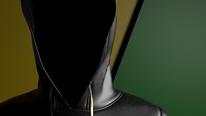 Anonymous hacker with black color hoodie in shadow under deep yellow-green background. Dangerous criminal concept image. 3D CG. 3D illustration. 3D high quality rendering.