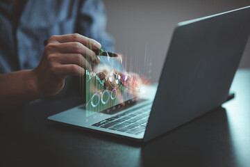 Business finance technology and investment trading trader investor. Businessman showing a growing virtual hologram stock, invest in graph financial data trading.