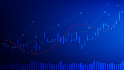  Financial business statistics with bar graph and candlestick chart with uptrend arrow show stock market price and effective earning on blue background