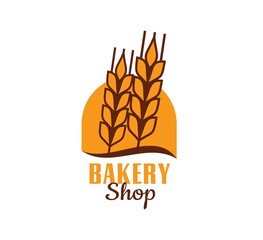 Bakery shop symbol of wheat, oat, barley or millet cereal ears, vector bread food icon. Baker store, farm market and pastry shop sign with wheat or rye spikelet ears, natural cereals and grain