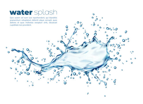 Blue water wave isolated splash with drops, vector realistic water splatter. Clean blue pure aqua flow or water spill pour with splashing fizzy droplets of crystal clear drink