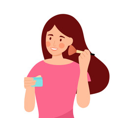Woman making up face with brush on cosmetic in flat design on white background.
