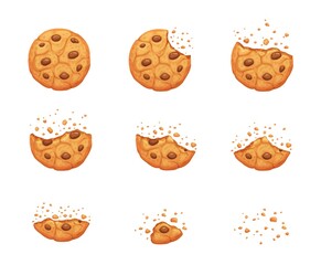 Crumble biscuit cookie animated sprite. Vector crunchy dessert with chocolate pieces whole and bitten disappear animation. Isolated homemade bakery dessert piecess for cartoon game - obrazy, fototapety, plakaty