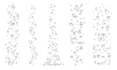 Fizz underwater bubbles, soda, water or oxygen air dynamic aqua effervescent rising up. Vector fizzing champagne, lemonade, carbonated beverage drink design elements, isolated realistic gas bubbles