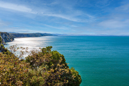 The emerald-colored Adriatic Sea near Duino, Gulf of Trieste, Italy. Light wind