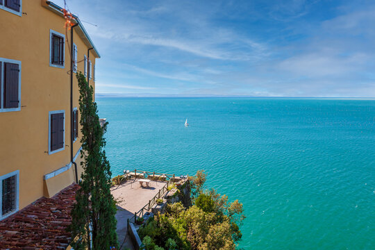 Gothic Duino castle on a cliff over the Gulf of Trieste (Adriatic sea), Italy.