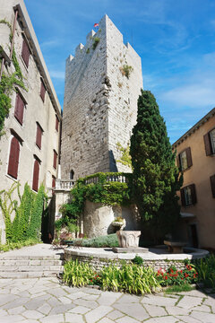 Courtyard of the Gothic Duino Castle on a cliff above the Gulf of Trieste (Adriatic Sea), Italy