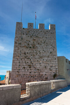 Courtyard of the Gothic Duino Castle on a cliff above the Gulf of Trieste (Adriatic Sea), Italy