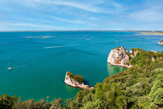 The emerald-colored Adriatic Sea near Duino, Gulf of Trieste, Italy. Light wind