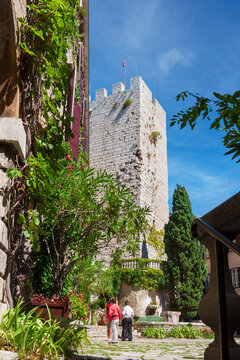 Courtyard of the Gothic Duino Castle on a cliff above the Gulf of Trieste (Adriatic Sea), Italy