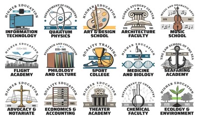 University and academy vector icons. College and school higher education emblems. Art and design, flight academy and music school, information technology, chemical and sport faculties isolated set