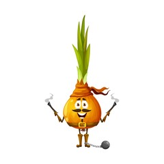 Cartoon funny onion pirate, vector corsair vegetable character with muskets and bob on leg. Funny veggies personage in filibuster carnival costume shoot with guns, buccaneer or picaroon garden plant