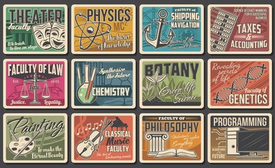 College science, art and technology faculties retro banners. Theater, painting and music, chemistry, botany and physics, genetics, programming and philosophy, law and finances faculty vector posters