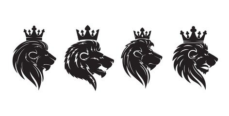 Lion king head with crown, heraldry royal icon or heraldic emblem, vector animal coat of arms. Heraldic lion with crown crest silhouette, royal shield or mascot badge, rampant Leo for imperial blazon