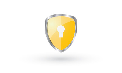 Yellow shield with white key hold on white background, Security and privacy