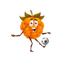 Cartoon cloudberry playing football or soccer sport game. Vector fruit or berry character with happy face kicking ball, funny cloudberry soccer player emoji design, healthy food and fruity vitamins