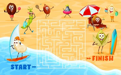 Labyrinth maze game. Funny nuts characters on summer beach. Child puzzle, vector quiz or children puzzle game with search way activity and coffee bean, sunflower seed and pistachio, cashew personages