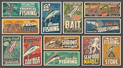 Sea fishing, seafood market retro posters. Sea turtle, tuna fish and squid, shrimp, octopus and marlin, crab rod and hook engraved vector. Fishing live bait and tackle store vintage banners set
