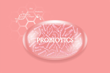 Probiotics and Hyaluronic acid skin solutions ad, pink vitamins serum drop with cosmetic advertising background ready to use, illustration vector.	