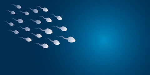 Human sperm cells moving with light on dark blue background, semen and fertilization concept. space for the text. illustration design style. - obrazy, fototapety, plakaty