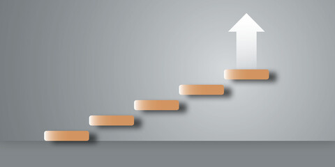 White arrow rising step up the stair as metaphor for business and financial growth, Success and financial developing, Success in business growth concept. space for the text. paper cut design style.