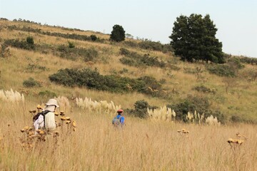 Two men are crossing a grassland in a low mountain range