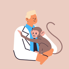scientist or veterinary worker doing experiments in lab with experimental monkey biological genetic engineering research