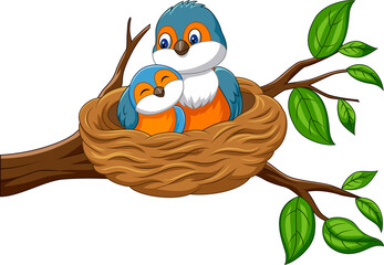 Cartoon mother bird with her baby in the nest - 503385354