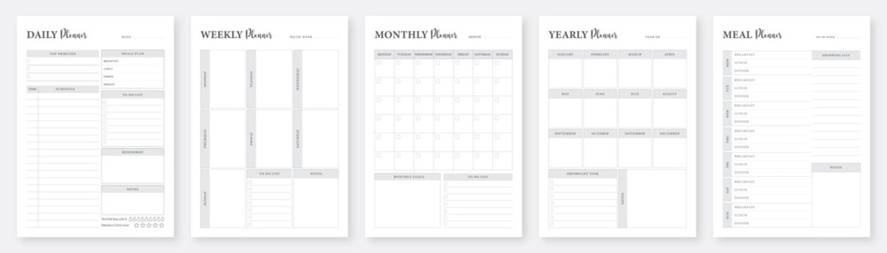 Daily, weekly, monthly, yearly planners template. Planner pages template. Life & Business Planner Templates. Minimalist Planner Pages Templates Set. Collection of minimalist life and business planner.