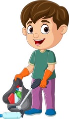 Cartoon boy gathering bottles into black plastic bag