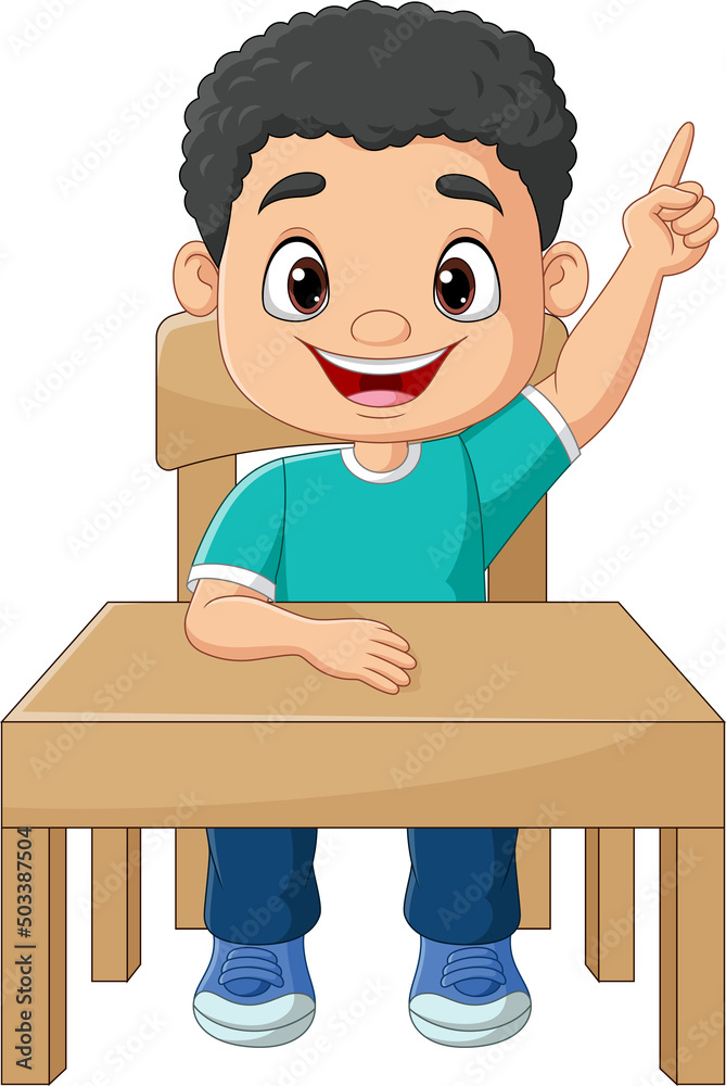 Sticker Cartoon little boy sitting on table with pointing up