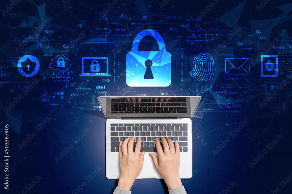 Poster internet network security concept with person using a laptop computer