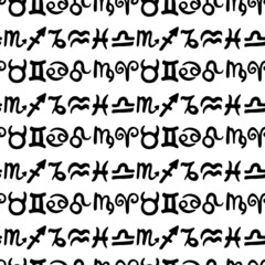 Black hand-drawn zodiac signs on white seamless pattern vector illustration. Minimalist monochrome astrological surface design vector. Simple regular astrology endless texture with isolated symbols