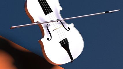 Silver-Gold classic violin on blue-orange plane under spot lighting background. 3D sketch design and illustration. 3D high quality rendering.