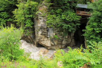 Restaurant in a canyon in the mountains near the river.